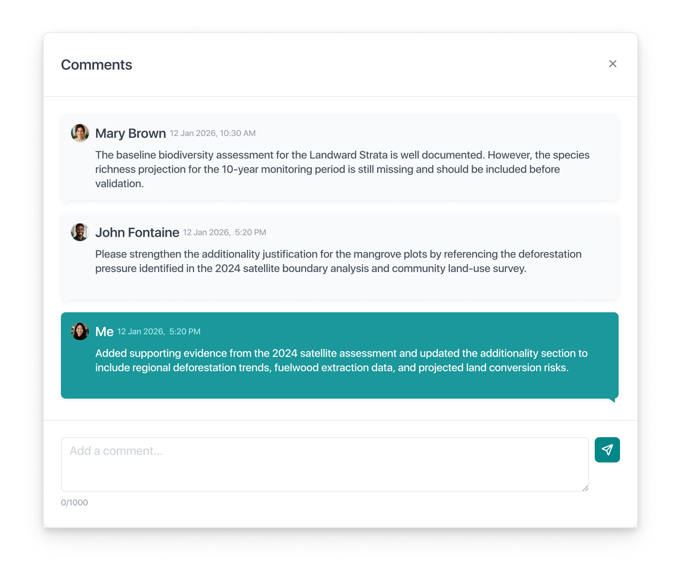 Comments panel with messages from Mary Brown and John Fontaine and a reply
