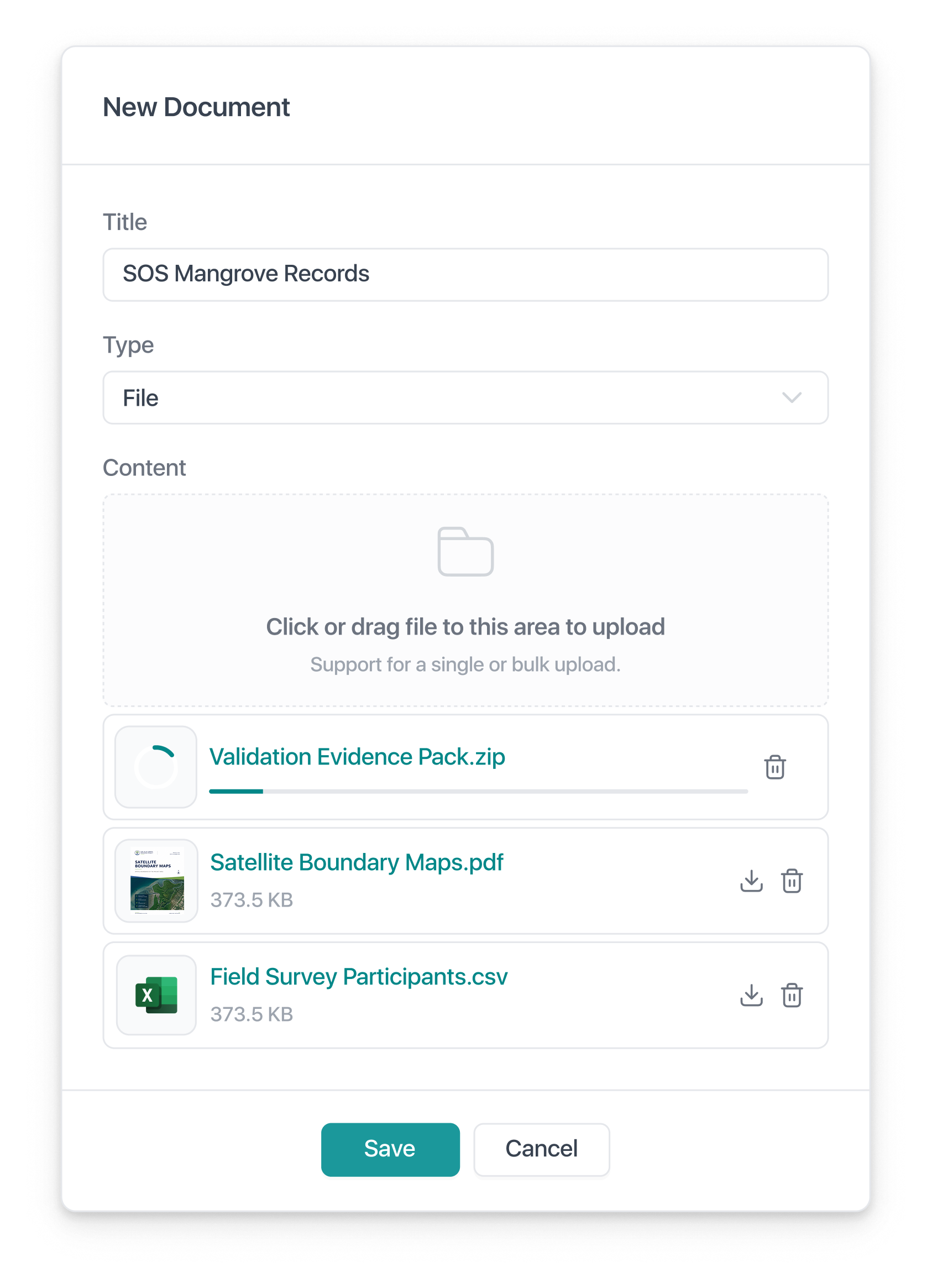 New Document drawer titled SOS Mangrove Records, with file uploads: Validation Evidence Pack.zip, Satellite Boundary Maps.pdf, Field Survey Participants.csv