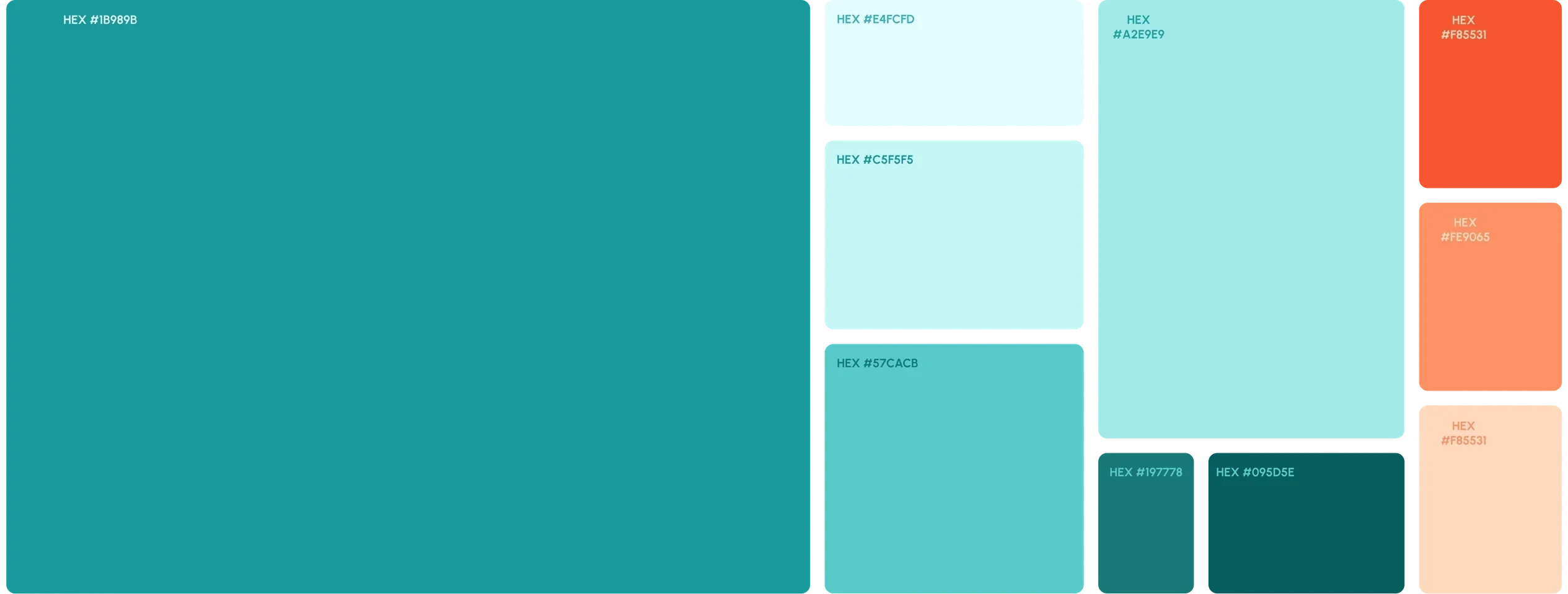 Palette from teal #1B989B to deep teal #095D5E with coral #F85531 and peach #FE9065